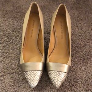 Audrey Brooke tan snake skin heels